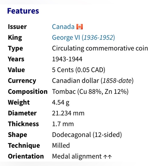 🎈$10 add on - 1943 Tombac CANADA 5 CENTS Victory Coin - George VI - Picture 3 of 6